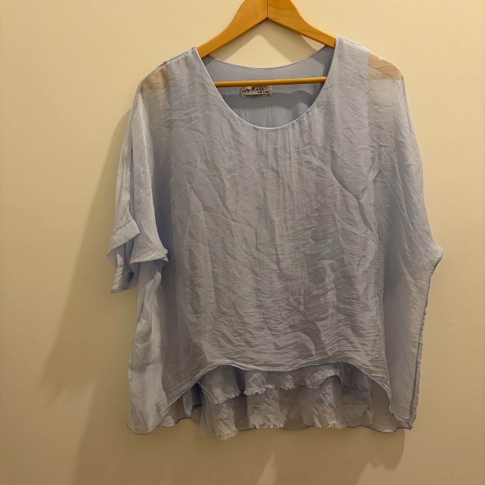 Gigi Moda Light Blue Silk Layered Top Made in Italy Raw Hem One Size